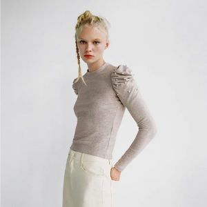 Zara Beige Puff Shoulder Pearl Sweater